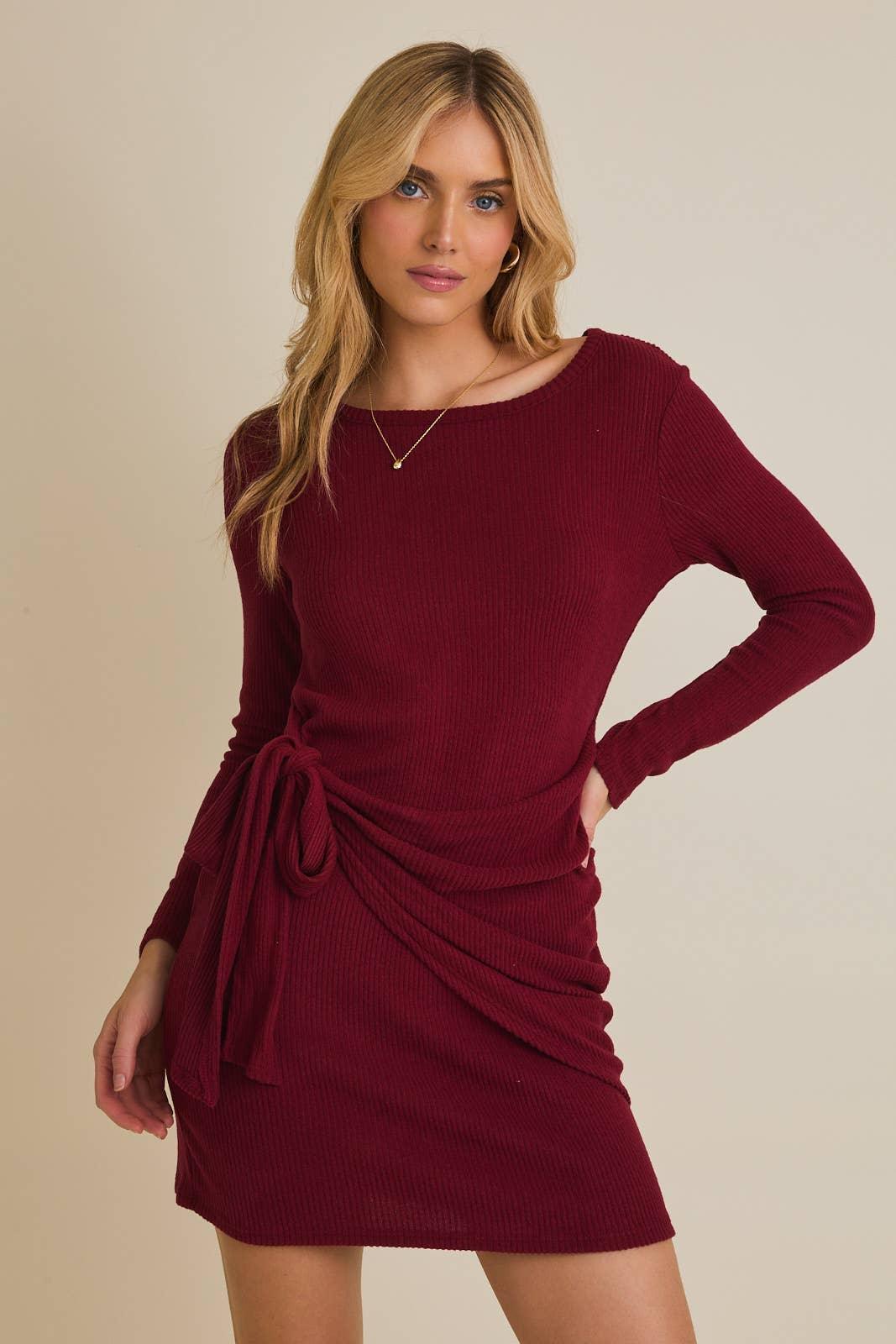 Women's Dresses - LONG SLEEVE WRAP TIE DRESS - Burgundy - Cultured Cloths Apparel