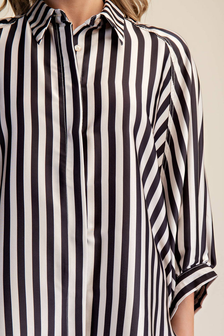 Women's 3/4 Sleeve - Balloon Dolman Sleeve Button Front Oversized Shirt - - Cultured Cloths Apparel