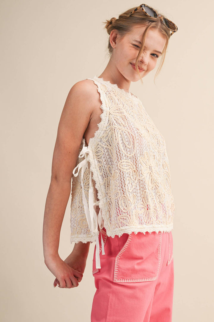 - FLORAL CROCHET TANK WITH SIDE TYING DETAIL MTP4770 - - Cultured Cloths Apparel