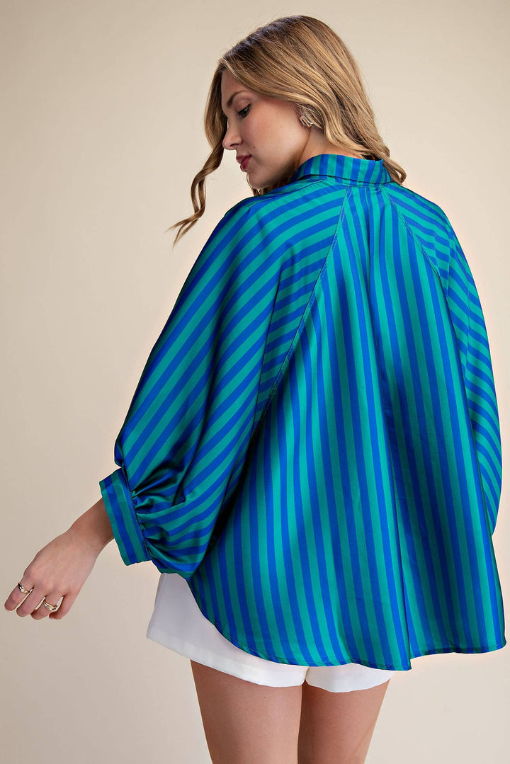 Women's 3/4 Sleeve - Balloon Dolman Sleeve Button Front Oversized Shirt - - Cultured Cloths Apparel