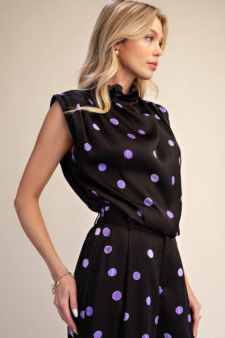 Cowl Mock Neck Pleats Shoulder Sleeveless Top Polka Dot