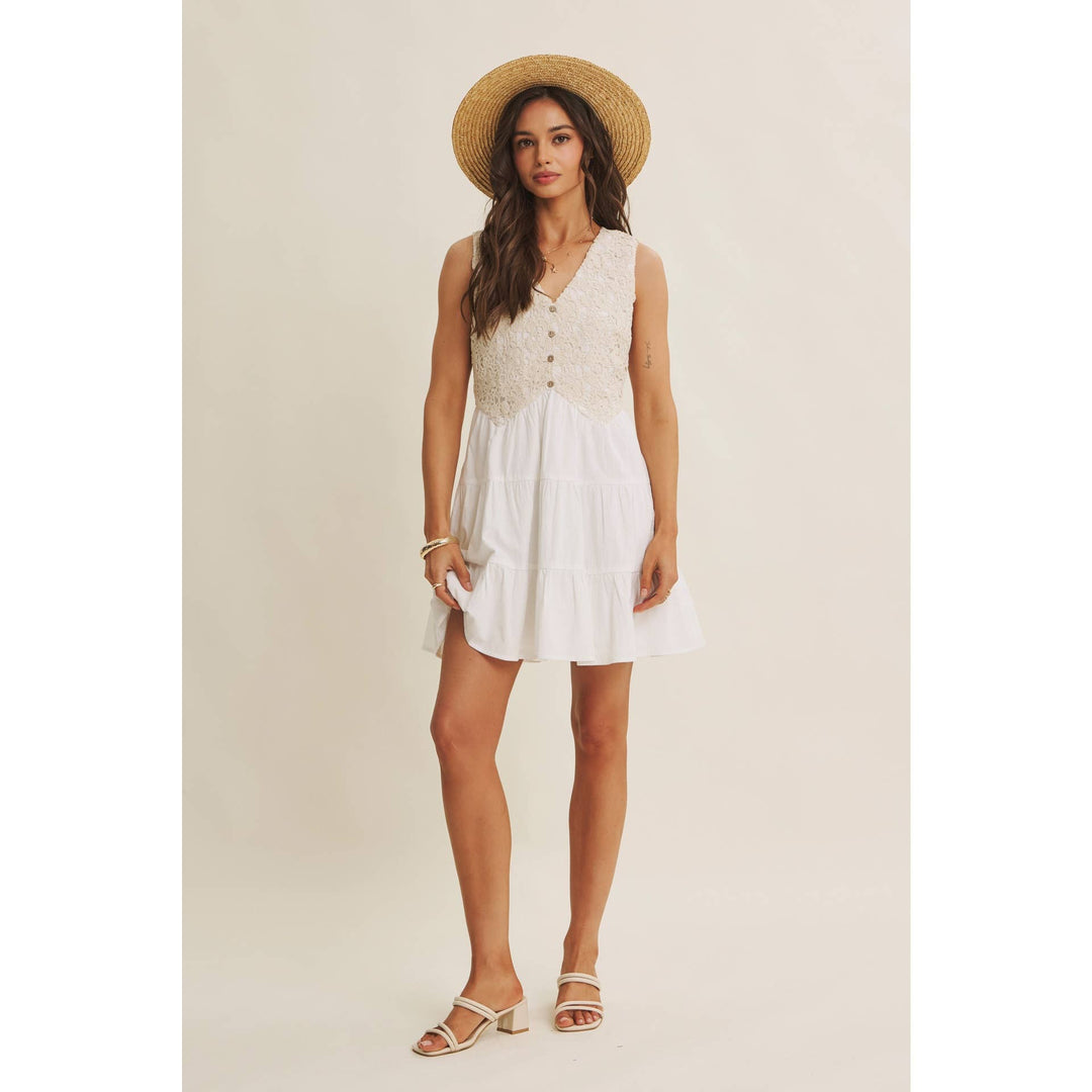 Dresses - FRENCH PICNIC MIXED MEDIA COTTON CROCHET MINI DRESS - - Cultured Cloths Apparel