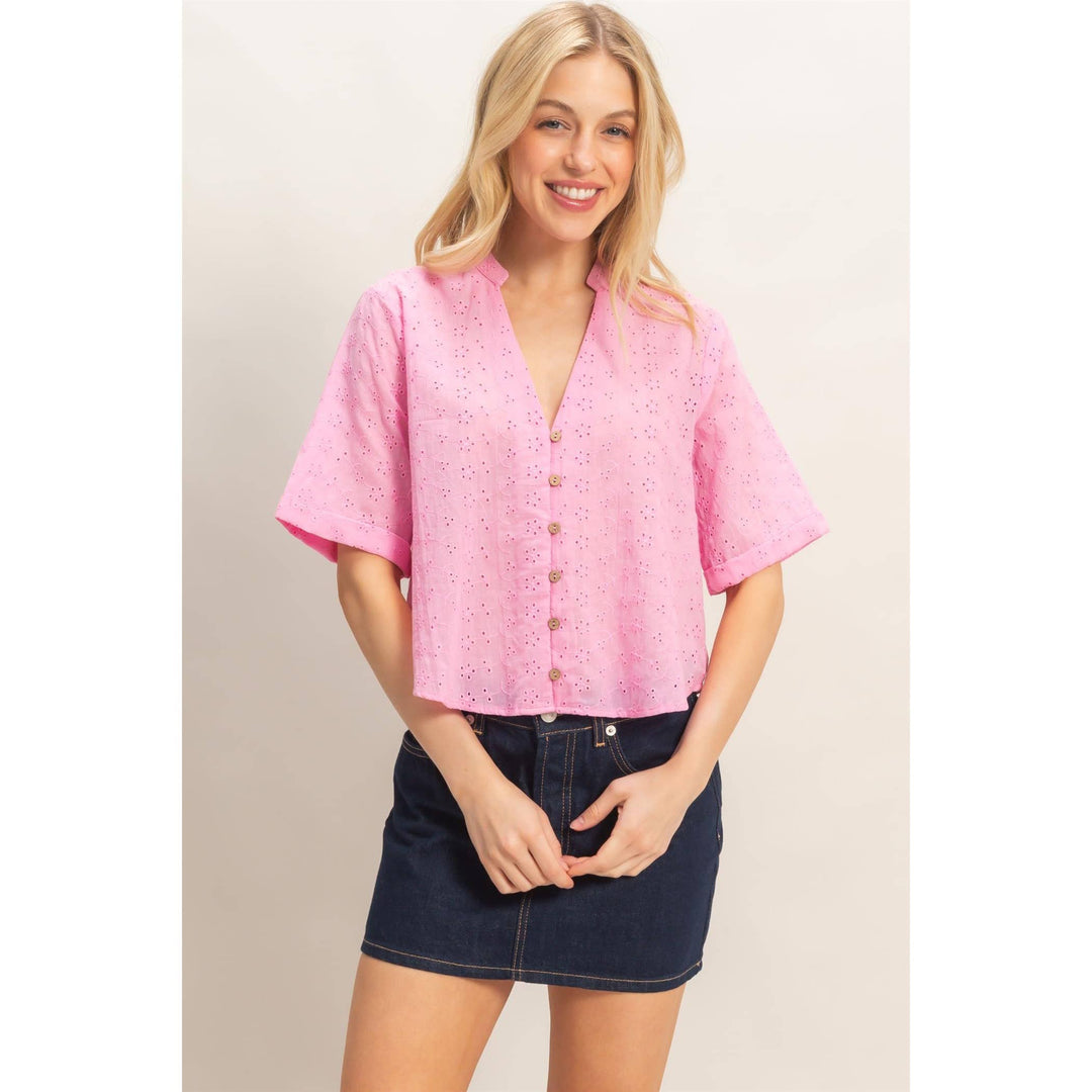 Olive Floral Eyelet Mandarin Collar Top