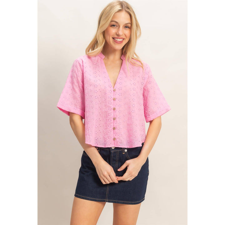 Olive Floral Eyelet Mandarin Collar Top