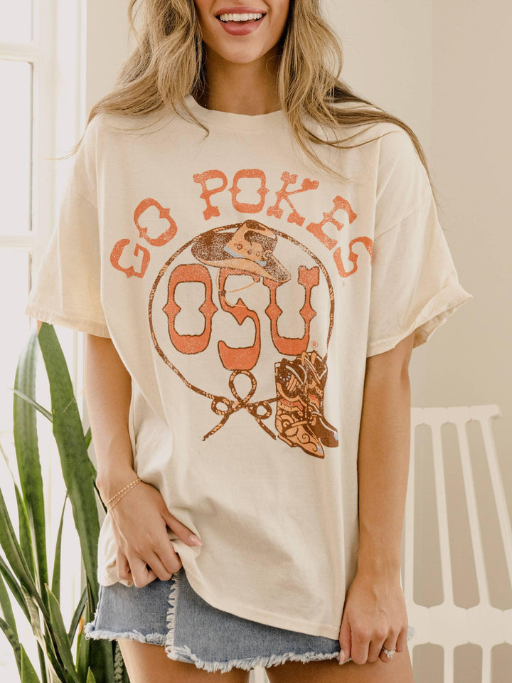 Graphic T-Shirts - Oklahoma State OSU Cowboys Boots Off White Thrifted Tee - S - Cultured Cloths Apparel