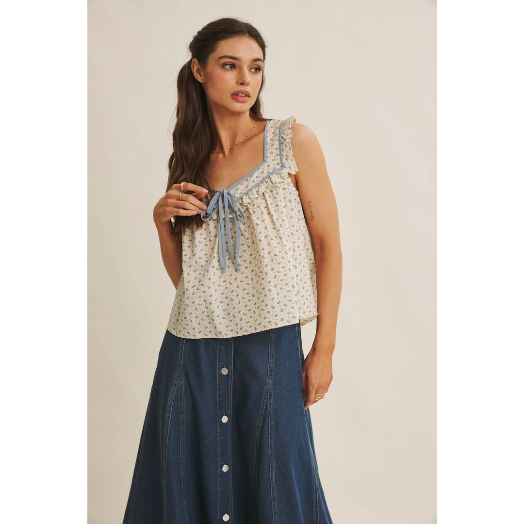 Women's Sleeveless - ANTIQUE MEADOW CONTRAST BINDING FLORAL RUFFLED BLOUSE TOP - - Cultured Cloths Apparel
