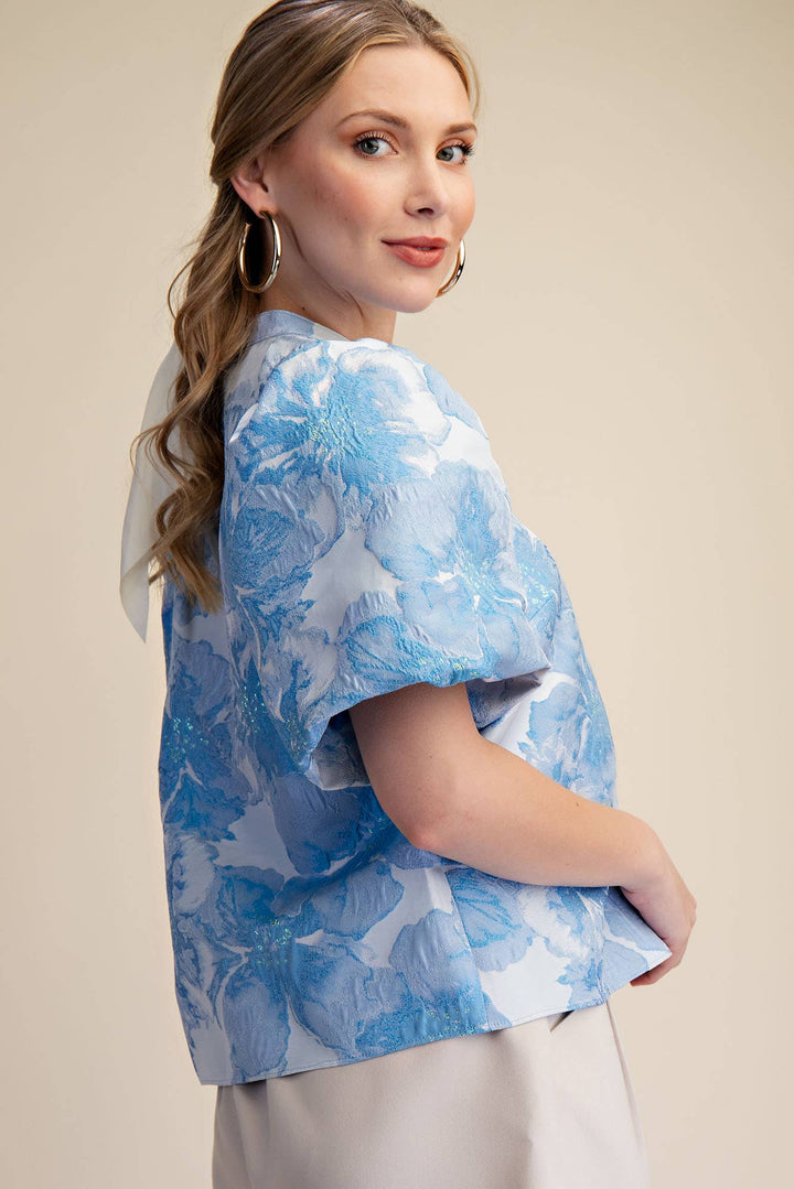 Women's Short Sleeve - V-Neck Puff Sleeve Jacquard Top - - Cultured Cloths Apparel