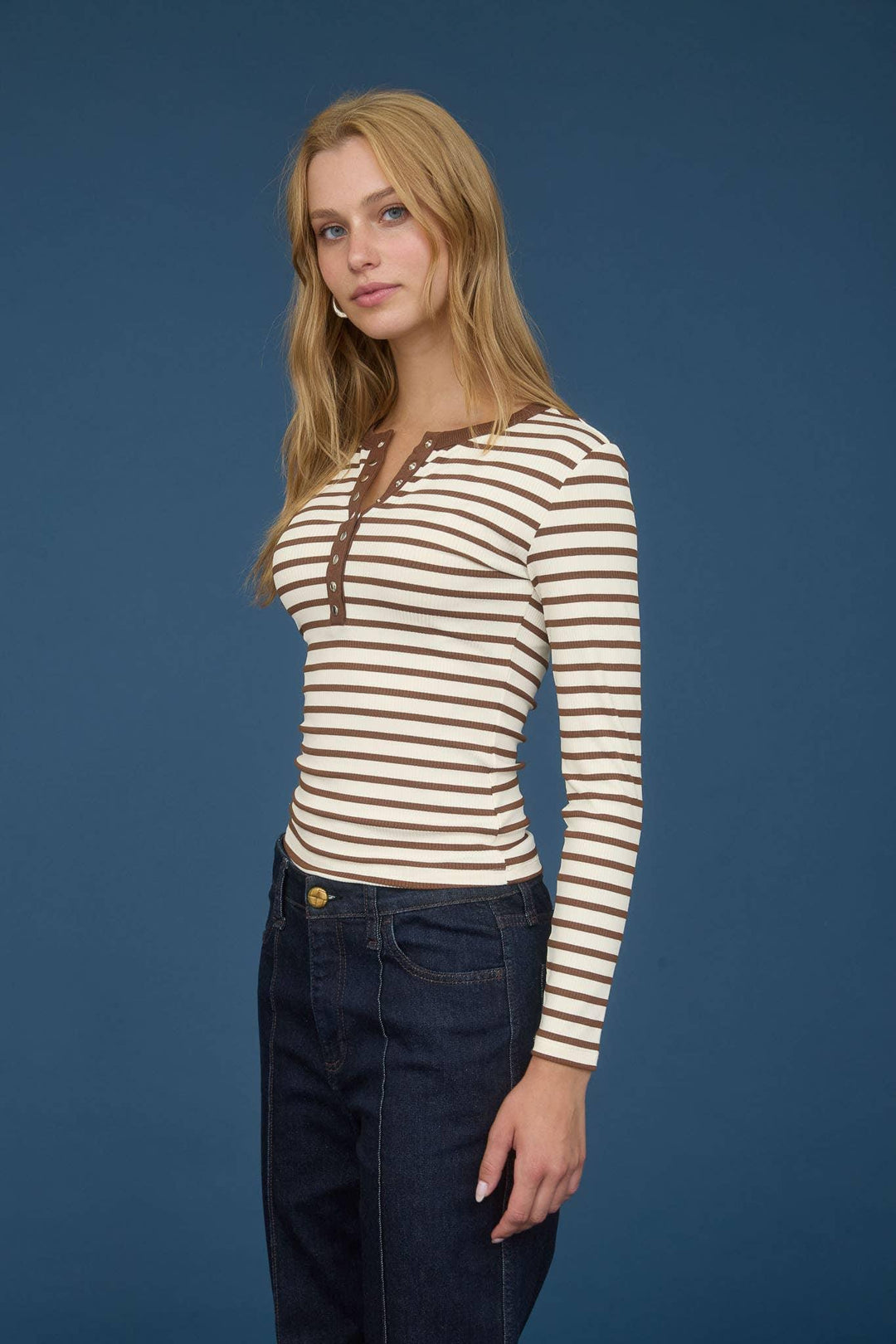Women's Long Sleeve - STRIPE SNAP BUTTON HENLEY RIB KNIT TOP - - Cultured Cloths Apparel