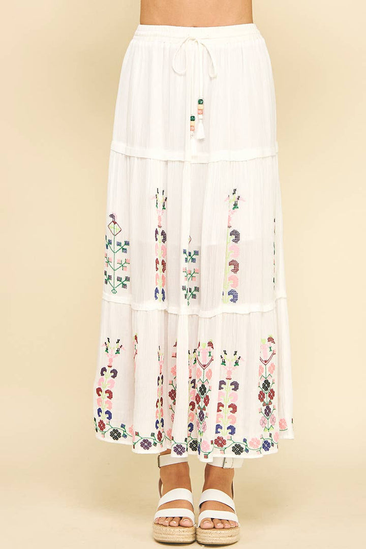 Skirts - FLORAL EMBROIDERED MAXI SKIRTS - White - Cultured Cloths Apparel