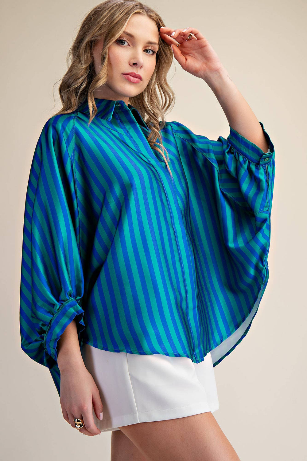 Women's 3/4 Sleeve - Balloon Dolman Sleeve Button Front Oversized Shirt - - Cultured Cloths Apparel