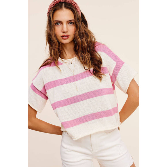 Women's Short Sleeve - Boxy Stripe Lightweight Spring Summer Sweater Top - Medium - Cultured Cloths Apparel