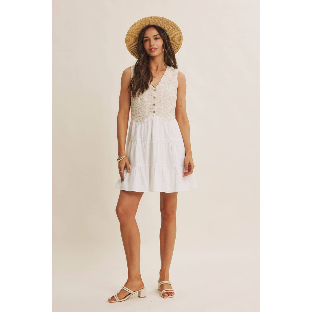 Dresses - FRENCH PICNIC MIXED MEDIA COTTON CROCHET MINI DRESS - - Cultured Cloths Apparel