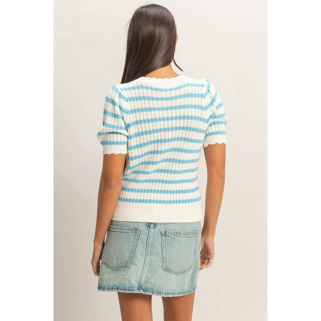 Striped Scallop Edge Puff Sleeve Knit Top
