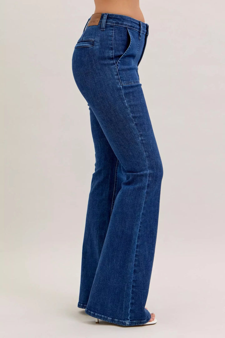 Denim - Judy Blue High Waist Flare Jeans with Front Patch Pockets - - Cultured Cloths Apparel