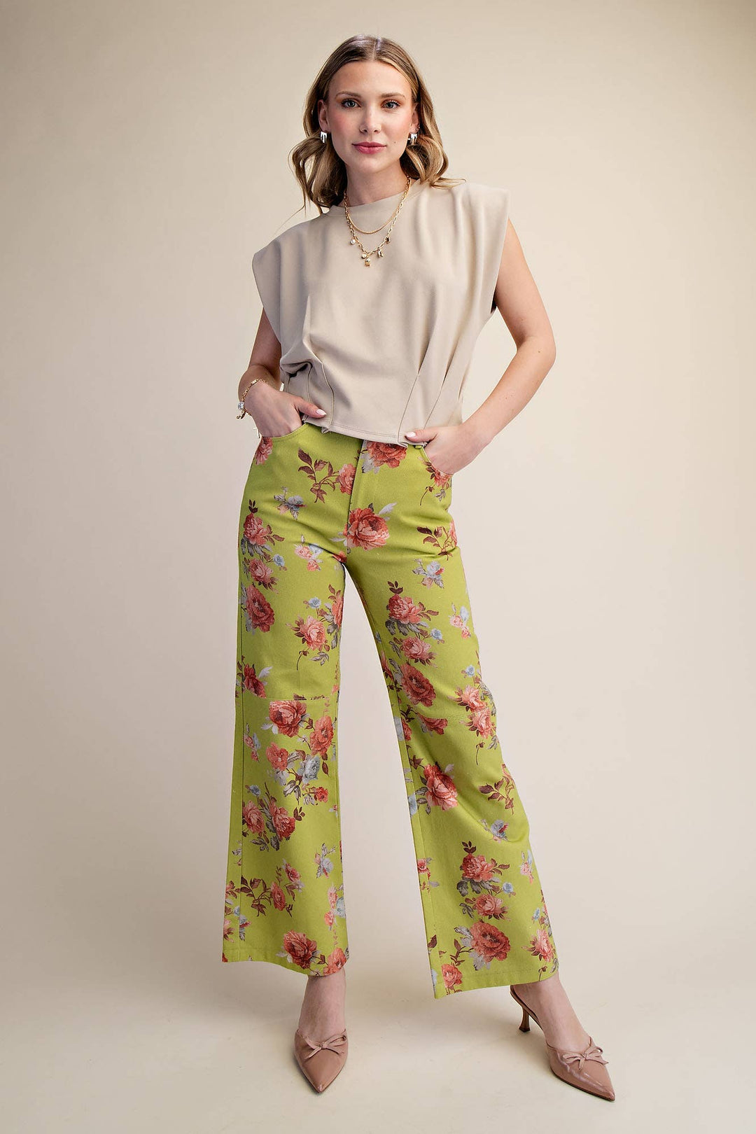 Pants - Straight Leg Floral Pants - Lime - Cultured Cloths Apparel