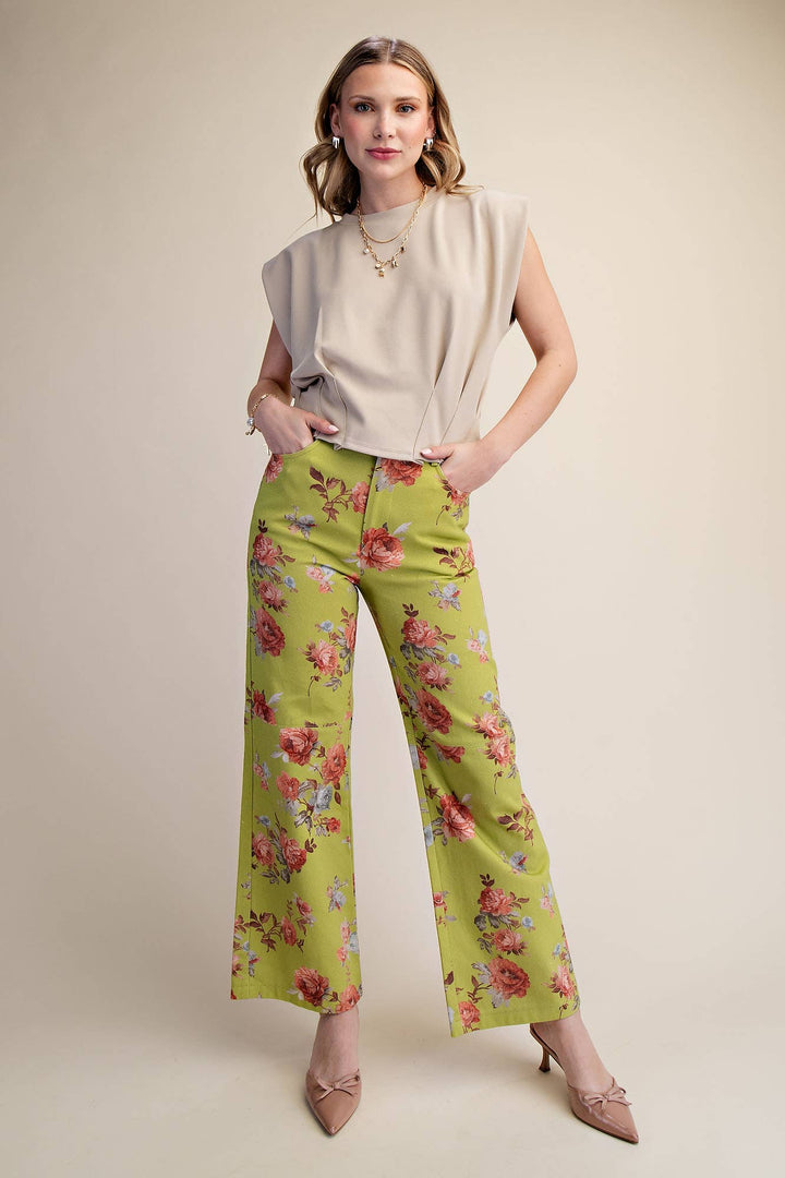 Pants - Straight Leg Floral Pants - Lime - Cultured Cloths Apparel