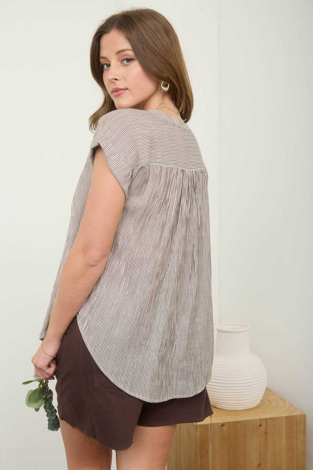 Women's Short Sleeve - PINSTRIPE SHORT CUFF SLEEVE BUTTON DOWN SHIRT - - Cultured Cloths Apparel