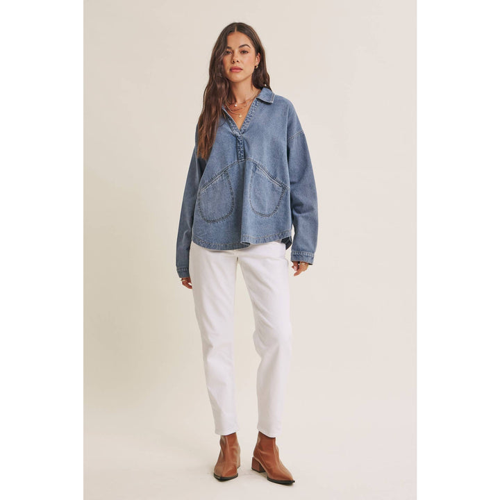 EASY LIVING MINERAL-WASHED COTTON DENIM OVERSIZED POCKET TOP