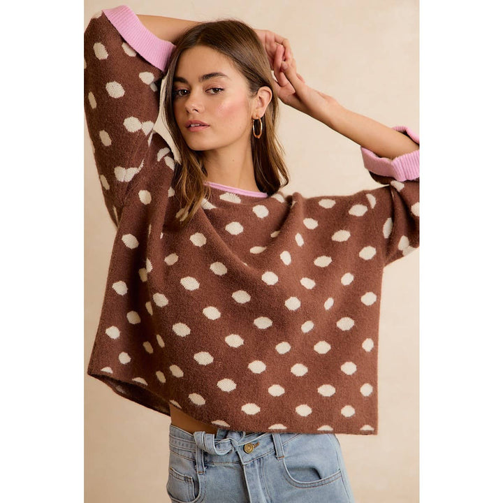 CONTRAST NECK AND ROLL UP DETAIL POLKA DOT SWEATER
