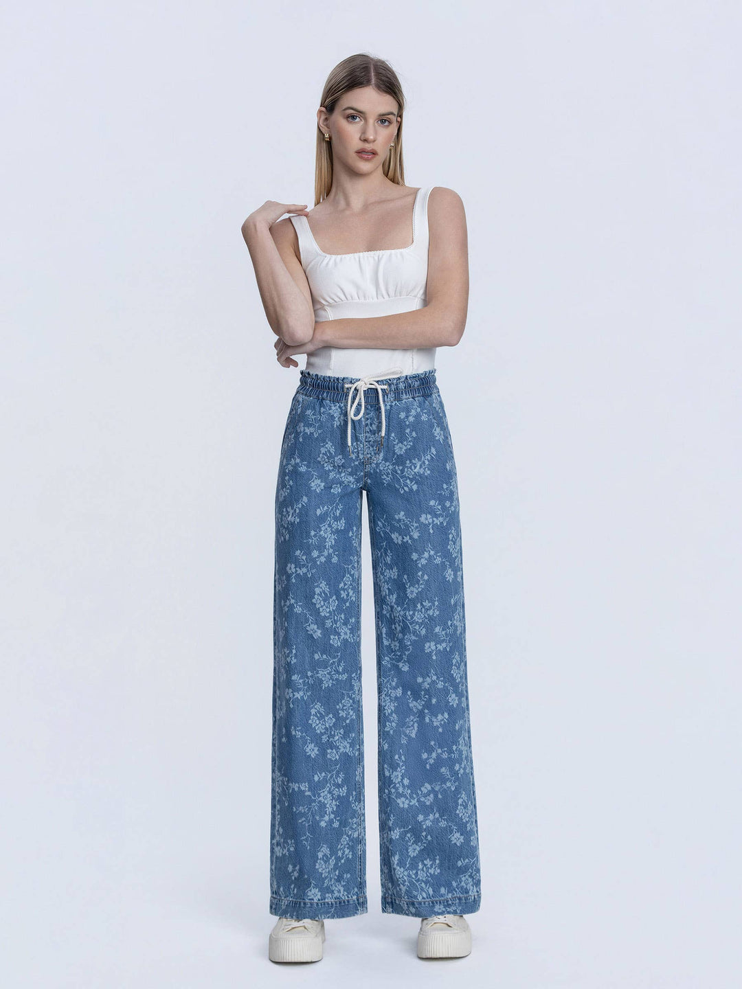 Denim - HIGH RISE FLORAL PRINT BAGGY WIDE LEG JEANS - - Cultured Cloths Apparel