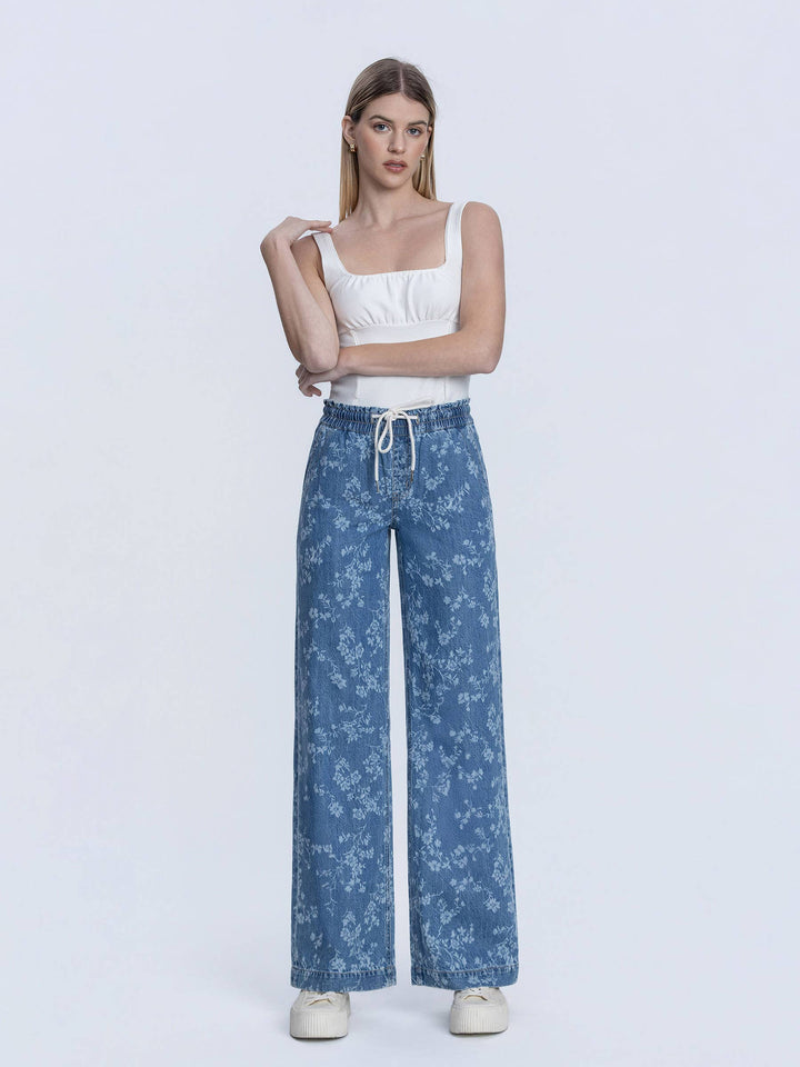 Denim - HIGH RISE FLORAL PRINT BAGGY WIDE LEG JEANS - - Cultured Cloths Apparel
