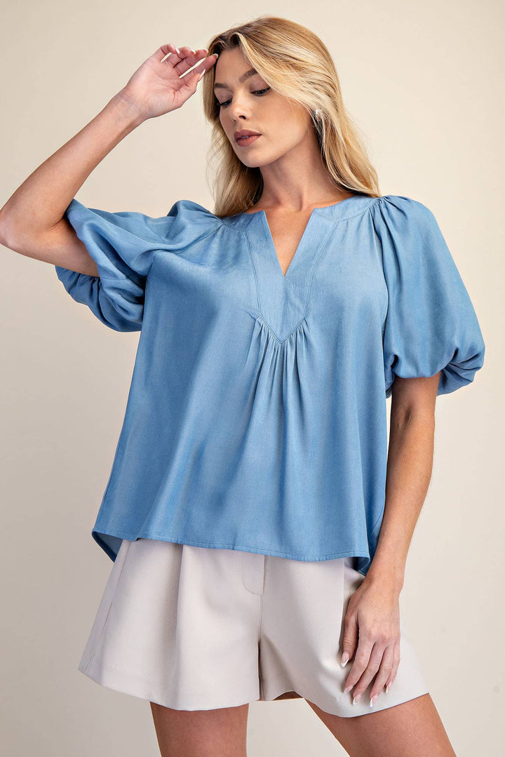 - V-Neck Placket Balloon Sleeve Top - S - Cultured Cloths Apparel