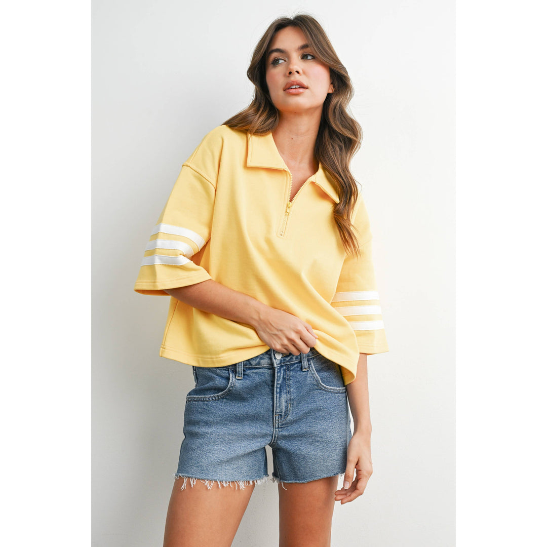 Women's Short Sleeve - Striped Sleeve Quarter-Zip Pullover - - Cultured Cloths Apparel