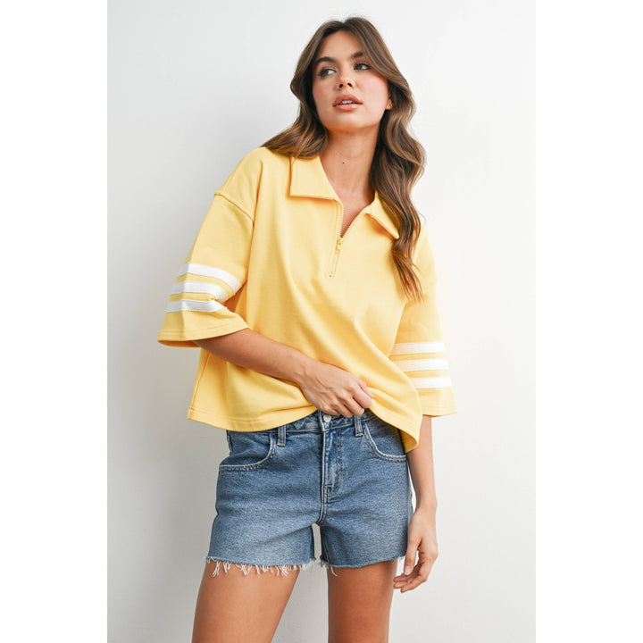 Women's Short Sleeve - Striped Sleeve Quarter-Zip Pullover - - Cultured Cloths Apparel