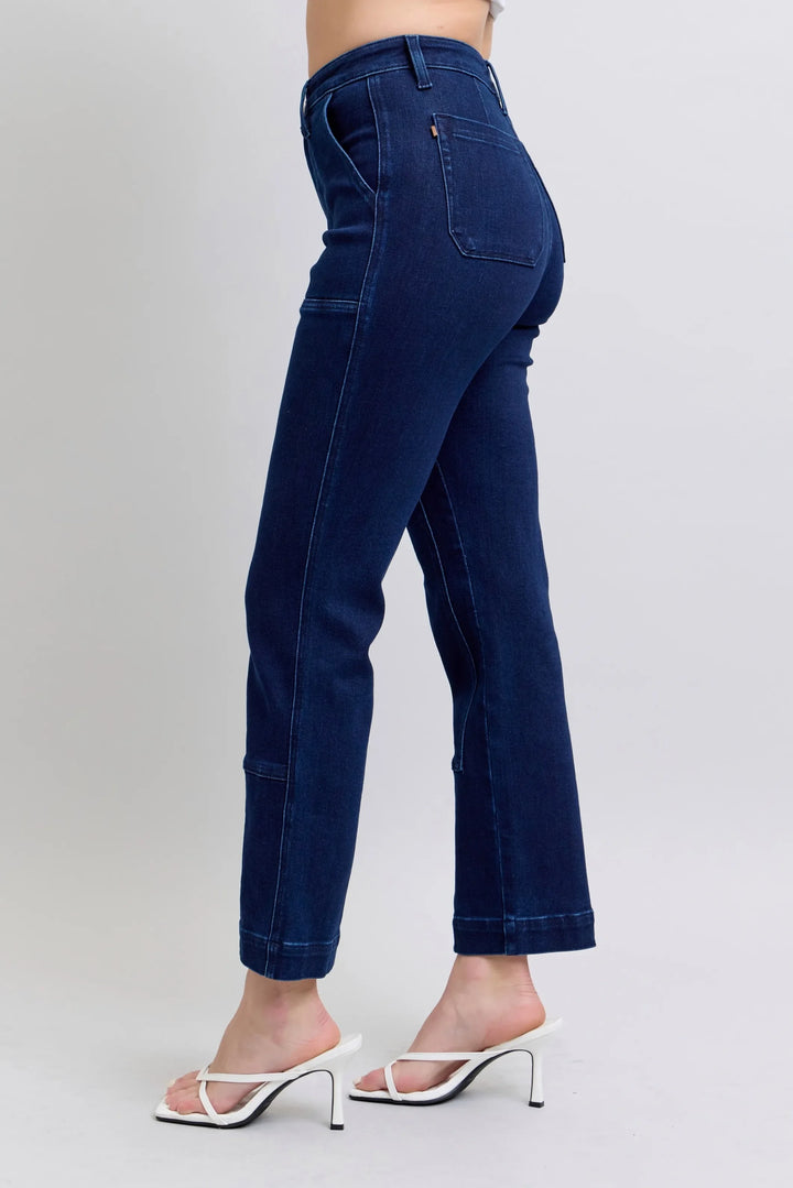 Denim - Judy Blue Full Size Hw Work Wear Knee Patch Straight Jeans Plus Size - - Cultured Cloths Apparel