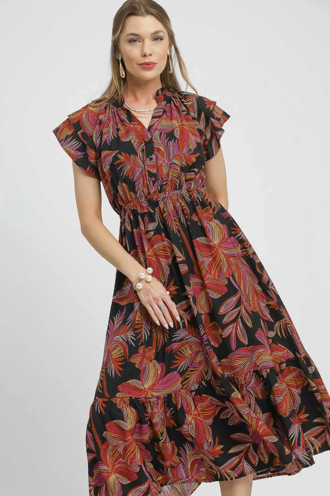 Women's Dresses - Umgee Mix Ruffle Sleeve Tropical Midi Dress - BLACK MIX - Cultured Cloths Apparel