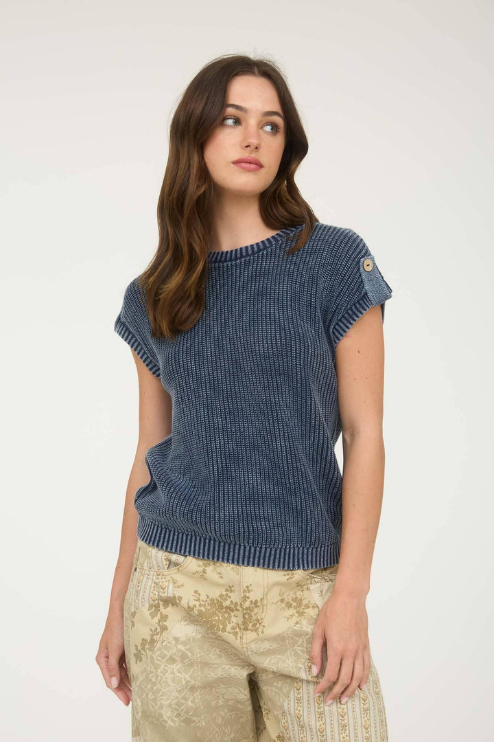 Women's Short Sleeve - WASHED KNIT SHORT TAB SLEEVE PULLOVER SWEATER - NAVY - Cultured Cloths Apparel