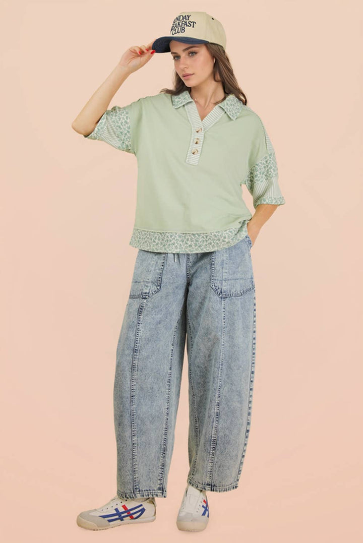 Women's Short Sleeve - Oversized Half Button Down Collared Knit Top - - Cultured Cloths Apparel