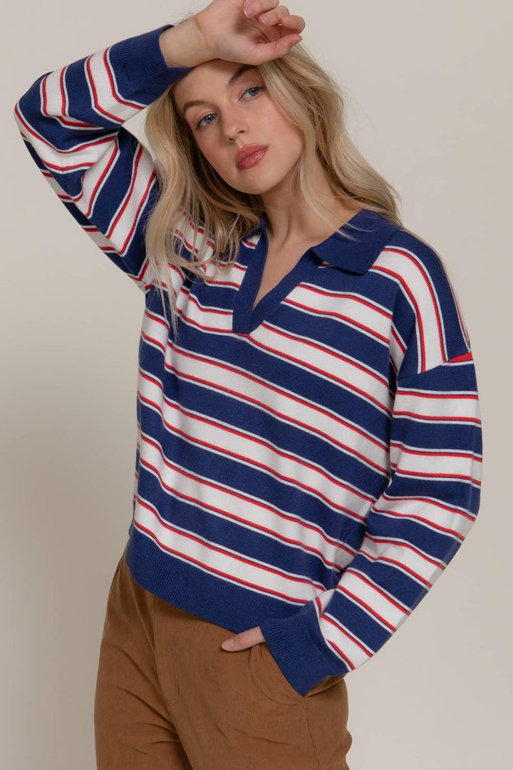 Women's Sweaters - Long Sleeve Multi Stripe Polo Sweater - - Cultured Cloths Apparel