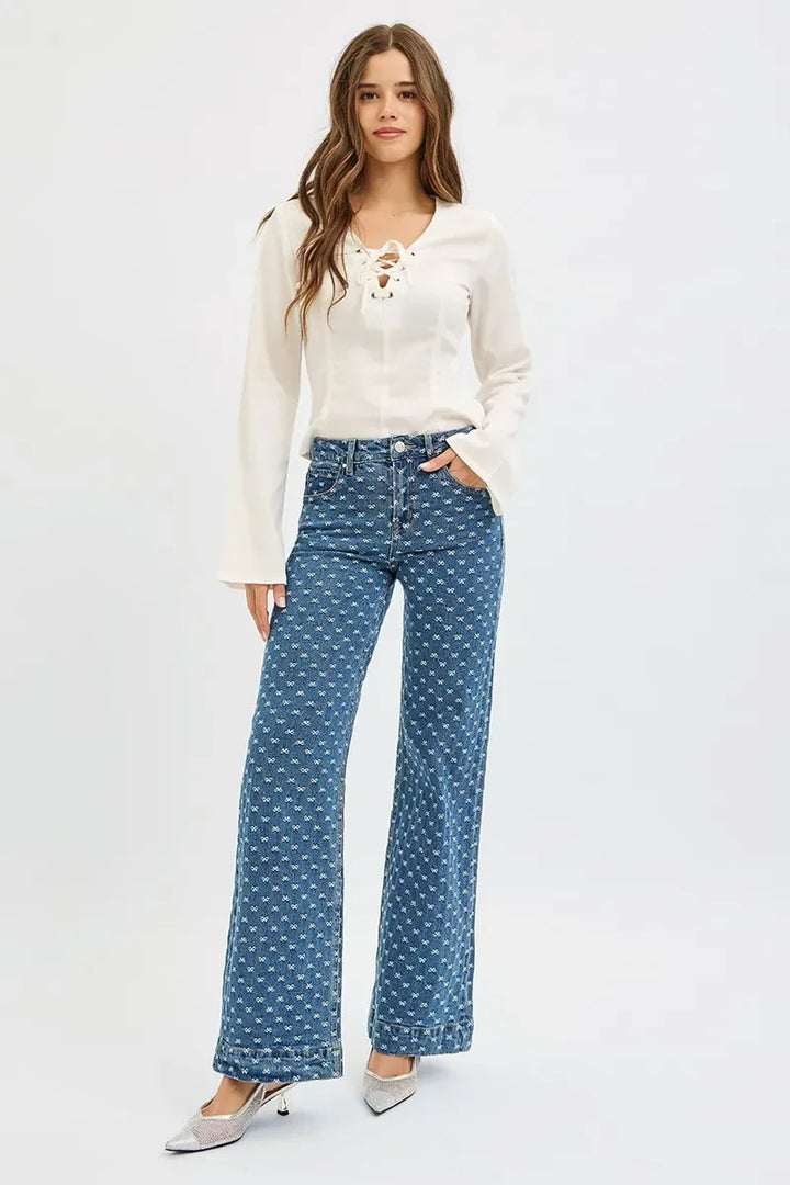 Denim - RISEN High Rise Wide Leg Bow Embroidered Jeans - - Cultured Cloths Apparel