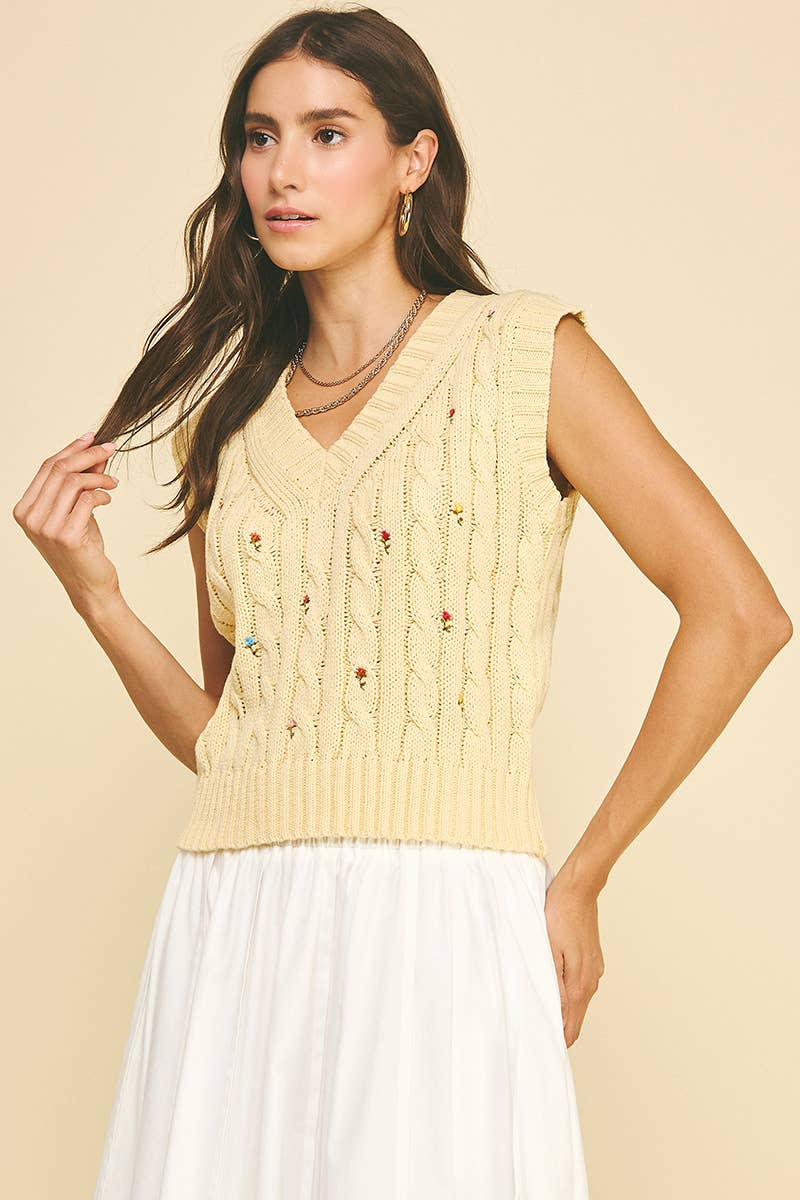 Women's Sleeveless - FLORAL EMBROIDERED CABLE KNIT SWEATER VEST - - Cultured Cloths Apparel
