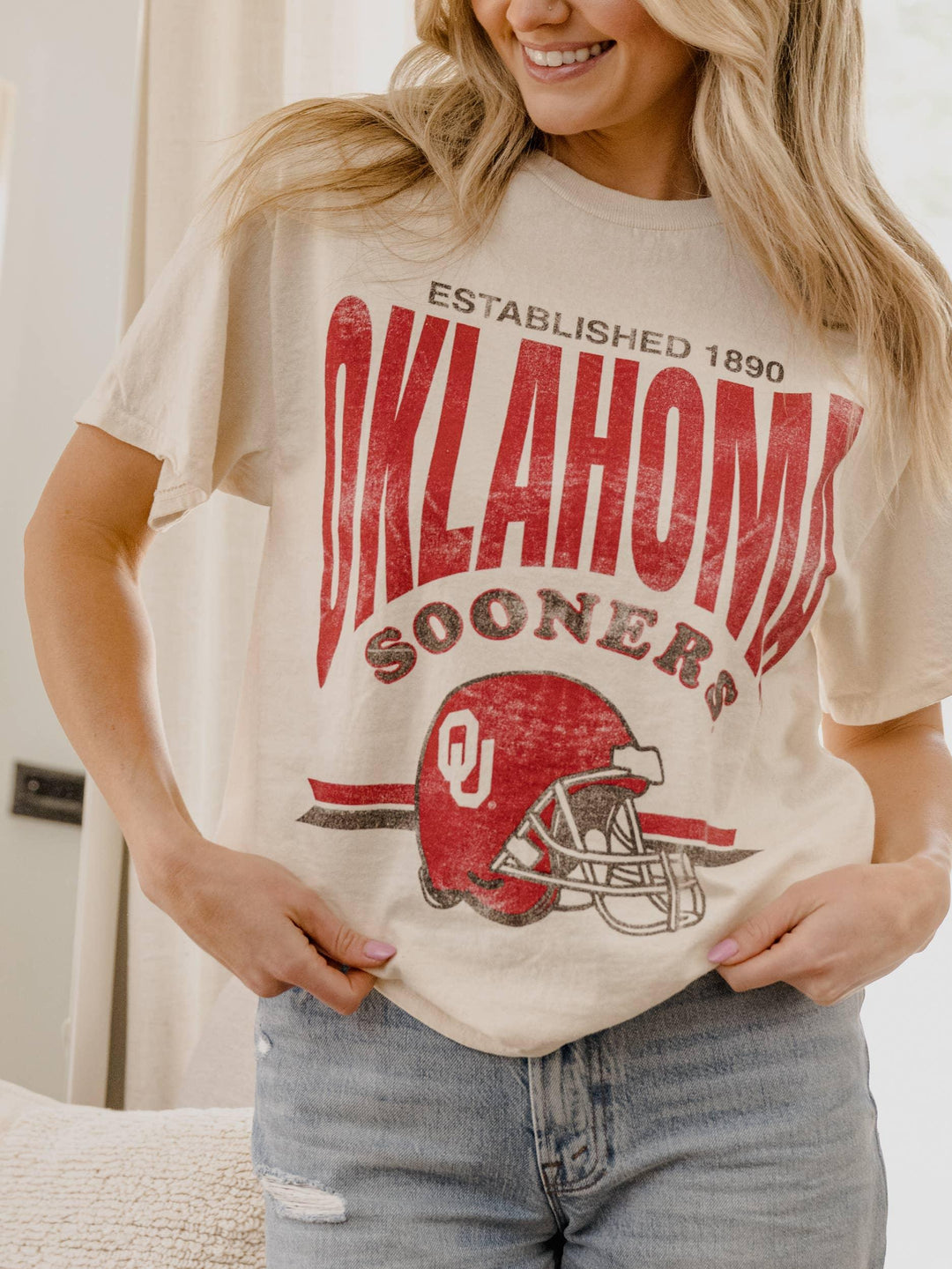 Graphic T-Shirts - OU Sooners Established Date Helmet Off White Thrifted Tee -  - Cultured Cloths Apparel