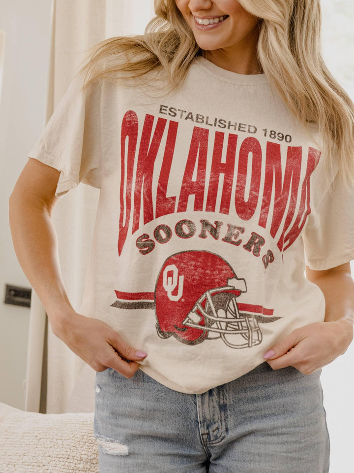Graphic T-Shirts - OU Sooners Established Date Helmet Off White Thrifted Tee -  - Cultured Cloths Apparel