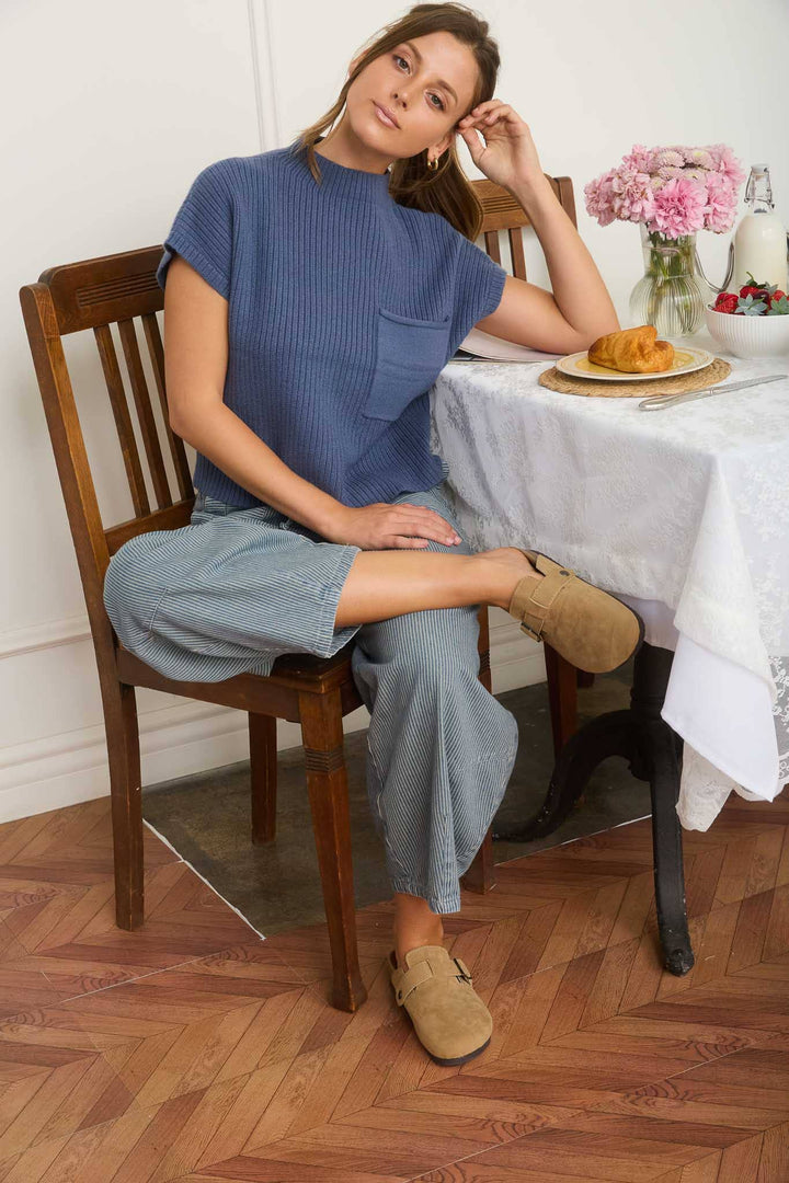 Women's Short Sleeve - MOCK NECK POCKET DETAIL SHORT SLEEVE KNIT SWEATER - - Cultured Cloths Apparel