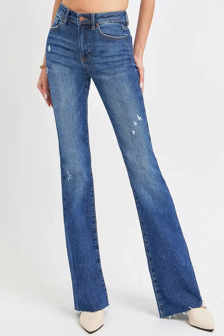 Denim - RISEN Full Size Distressed Mid Rise Flare Jeans Plus Size - - Cultured Cloths Apparel