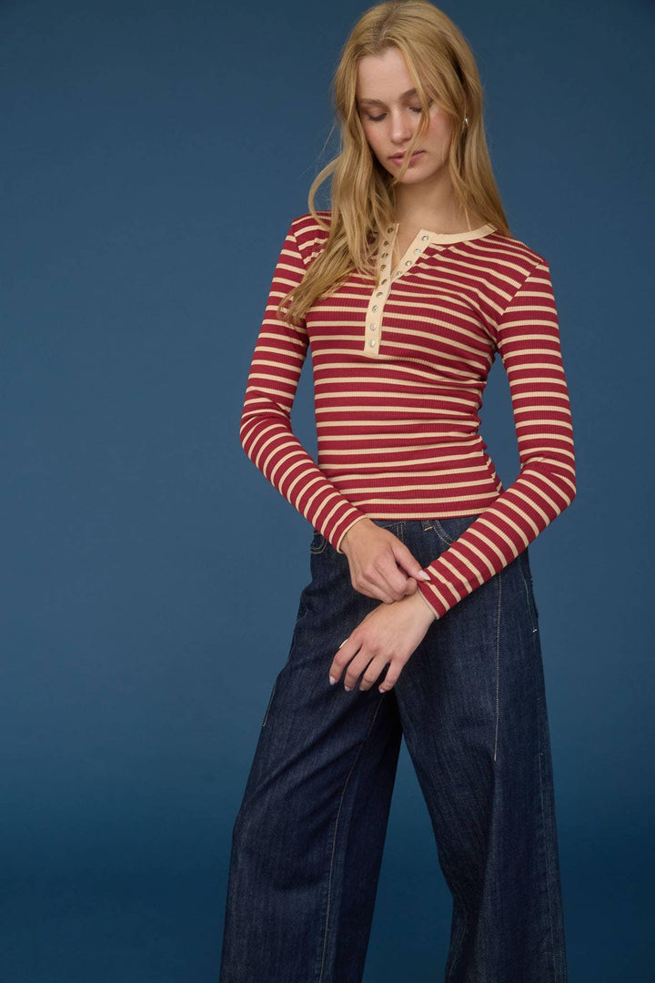 Women's Long Sleeve - STRIPE SNAP BUTTON HENLEY RIB KNIT TOP - - Cultured Cloths Apparel
