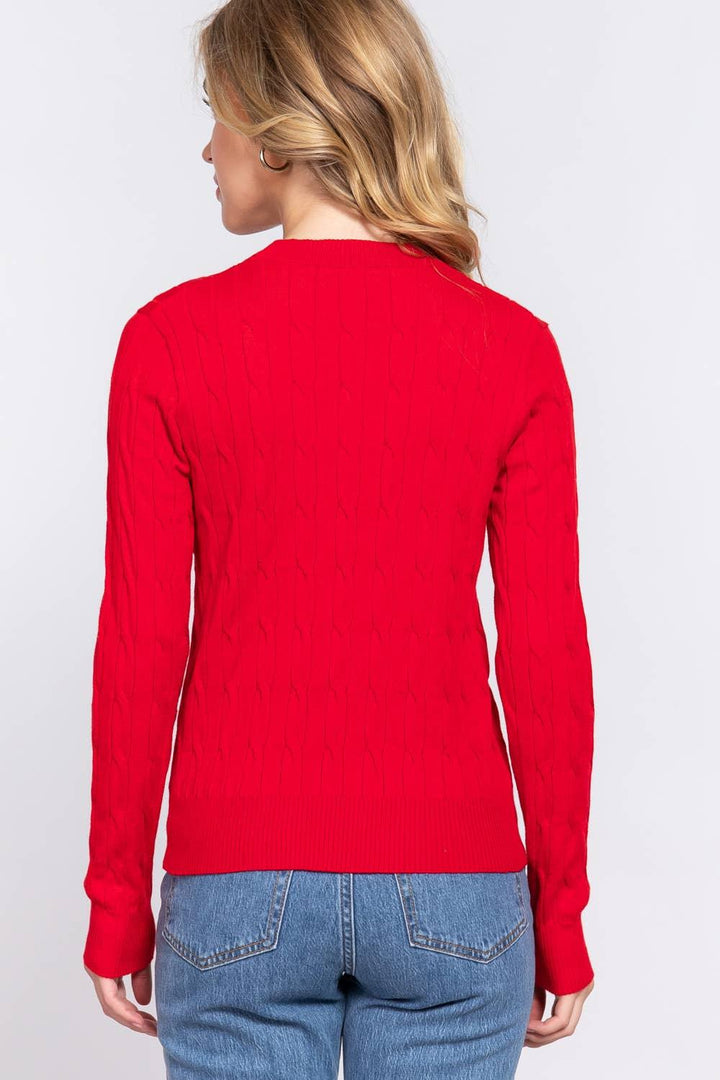 Women's Sweaters - Long Sleeve Round Neck Cable Sweater - - Cultured Cloths Apparel
