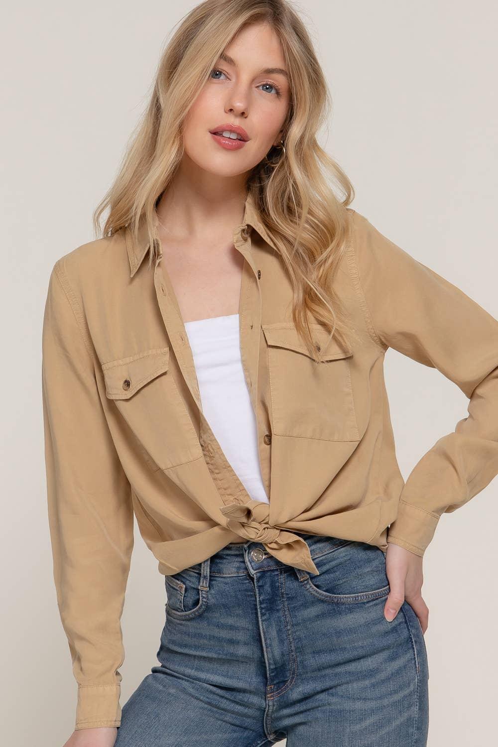 Women's Long Sleeve - Long Sleeve Color Tencel Shirt - - Cultured Cloths Apparel