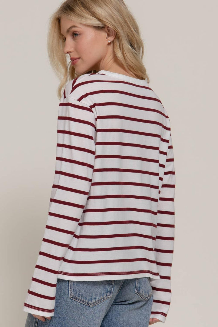 Women's Long Sleeve - Long Sleeve Round Neck Neck Stripe Tee - BURGUNDY - Cultured Cloths Apparel
