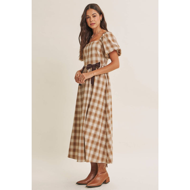 Women's Dresses - GOLDEN FIELD PLAID SMOCKED MIDI DRESS WITH CONTRAST BOW - - Cultured Cloths Apparel