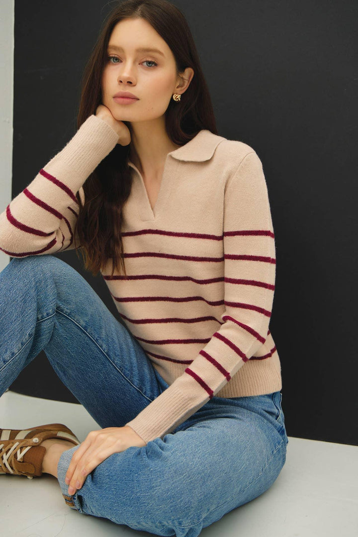 COLLARED V-NECK SWEATER WITH STRIPE