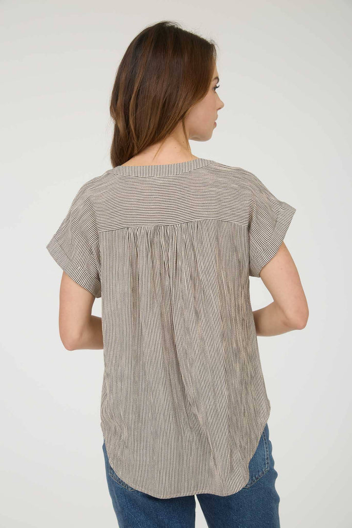 Women's Short Sleeve - PINSTRIPE SHORT CUFF SLEEVE BUTTON DOWN SHIRT - - Cultured Cloths Apparel