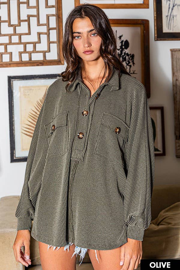 T1578-3 Solid Texture Knit Collared Loose Fit Top