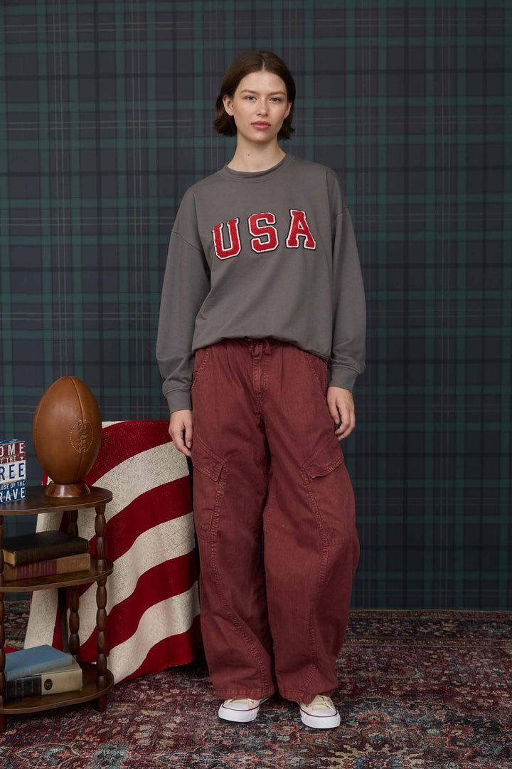 Women's Long Sleeve - USA VARSITY LETTER LONG SLEEVE KNIT TOP - - Cultured Cloths Apparel