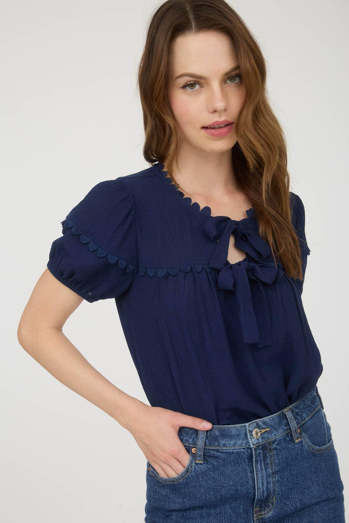 Women's Short Sleeve - SCALLOP TRIM FRONT TIE DETAIL PUFF SLEEVE TOP - - Cultured Cloths Apparel