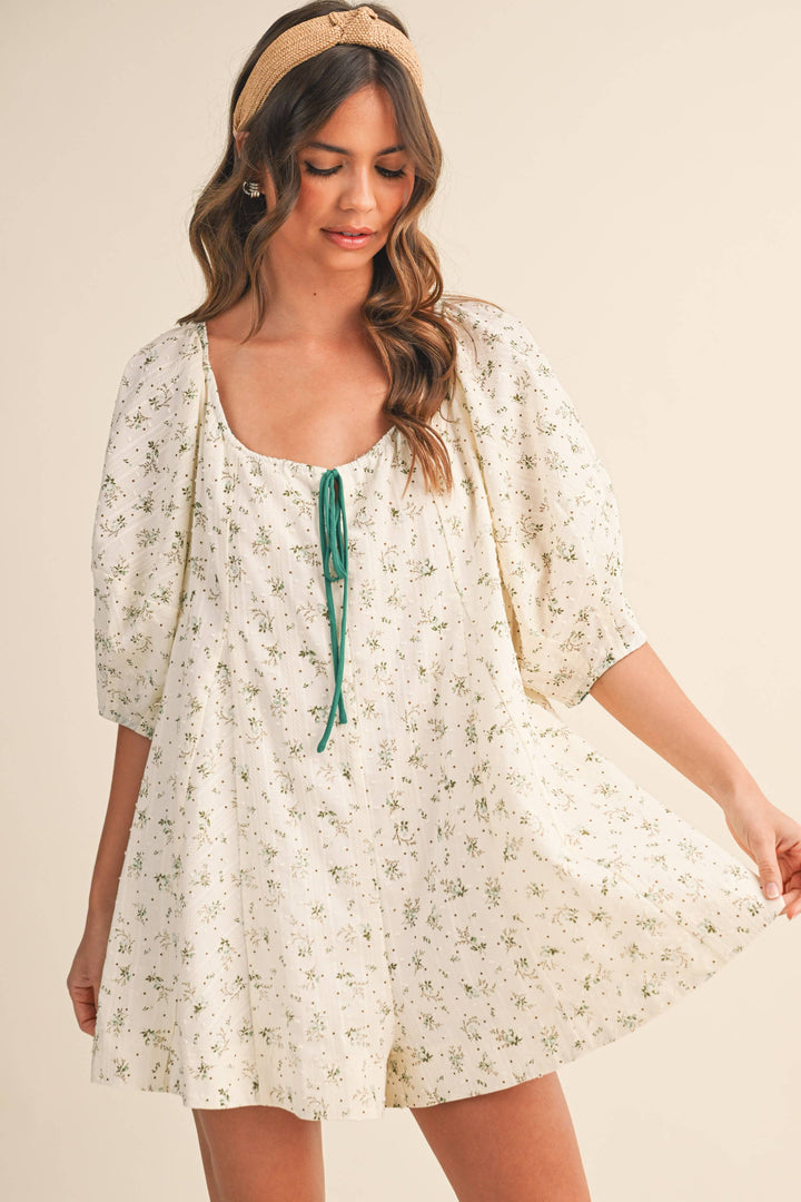 Women's Rompers - FLORAL SWISS DOT OVERSIZED PUFF SLEEVE ROMPER - - Cultured Cloths Apparel